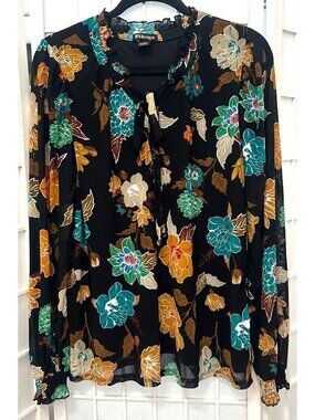 BYDesign‎ Women's XL Colorful Floral Button Down Neck Tie Blouse Top Office